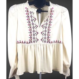 Ann Taylor Petite Embroidered Boho Peasant Blouse Cream Tie Sleeve XSP Hippies